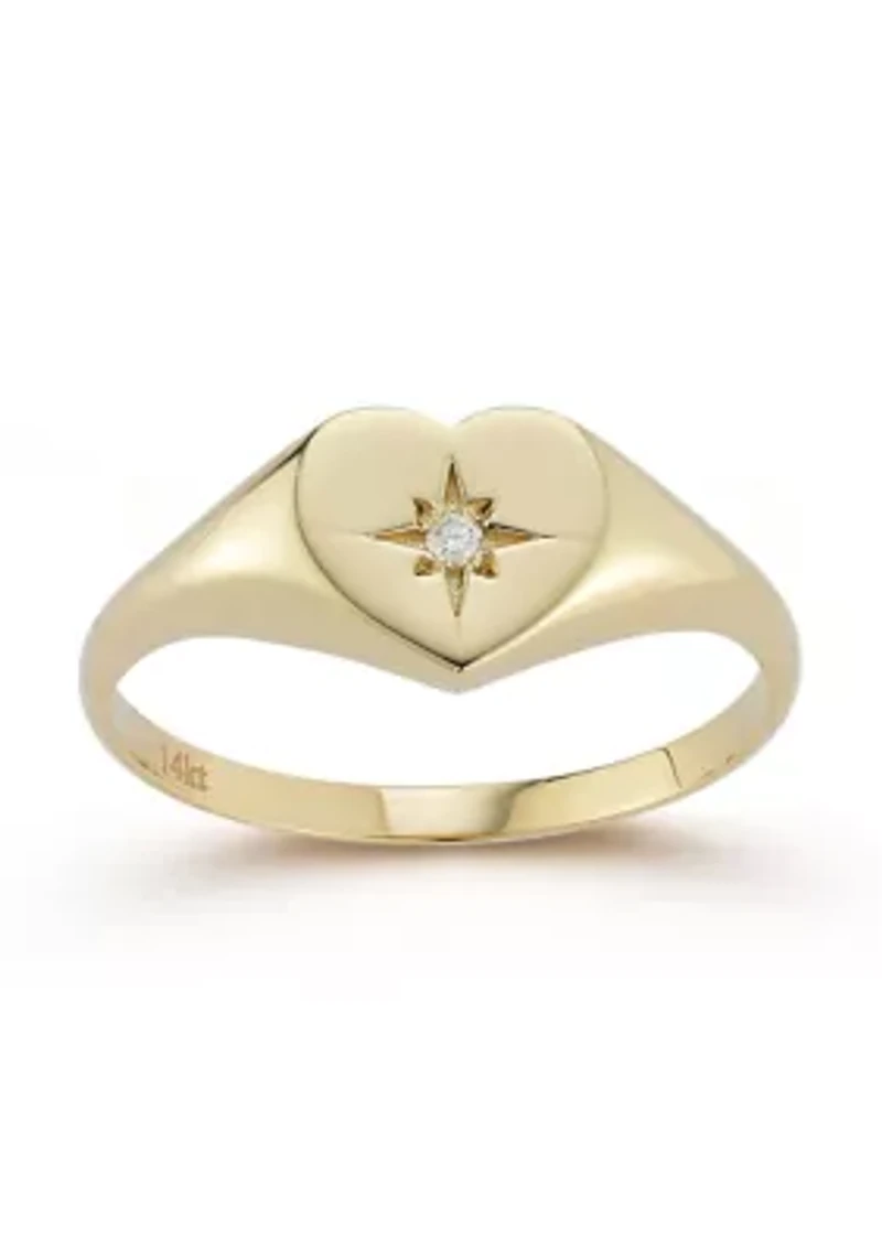 14K Gold Diamond Heart Signet Ring