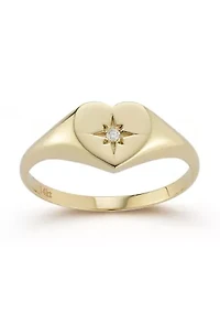 14K Gold Diamond Heart Signet Ring