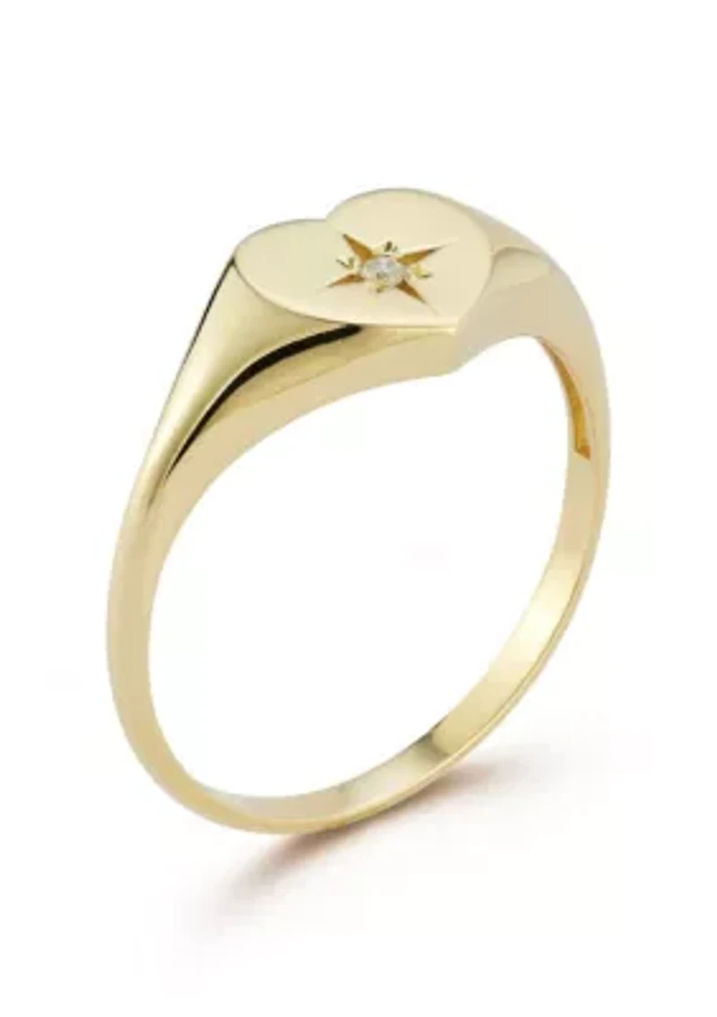 14K Gold Diamond Heart Signet Ring