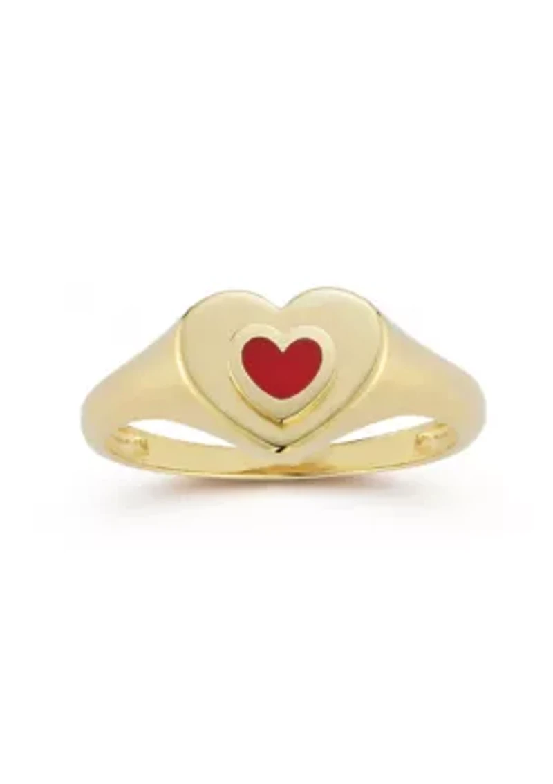 14K Gold Red Enamel Heart Signet Ring