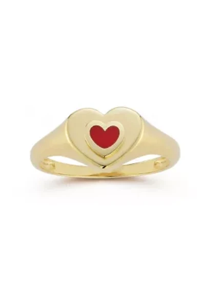 14K Gold Red Enamel Heart Signet Ring
