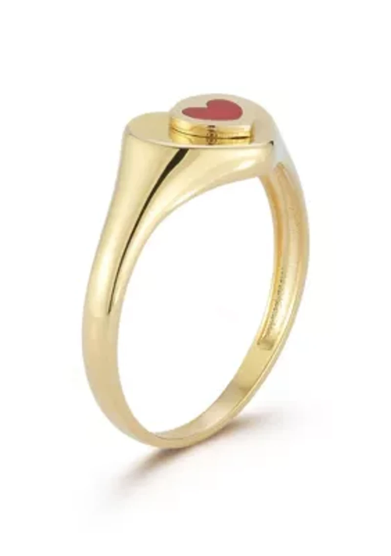 14K Gold Red Enamel Heart Signet Ring