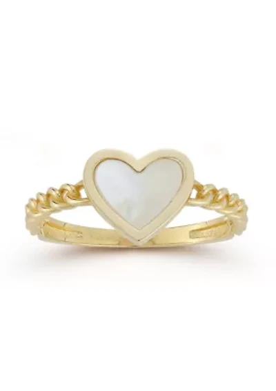 14K Gold Mother of Pearl Heart Curb Chain Ring