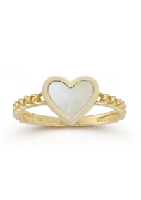 14K Gold Mother of Pearl Heart Curb Chain Ring