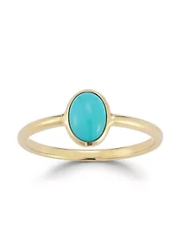 14K Gold Turquoise Oval Solitaire Ring, Made Italy