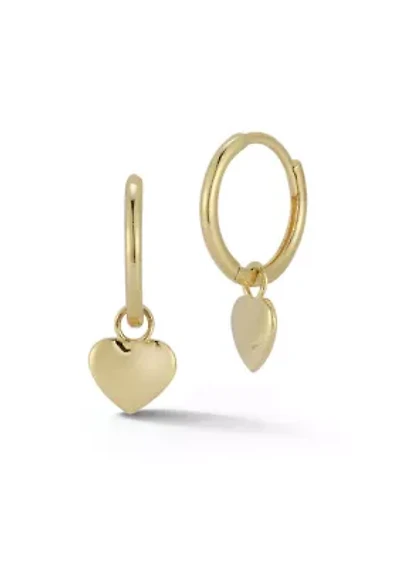 14K Gold Heart Charm Huggie Hoop Earrings
