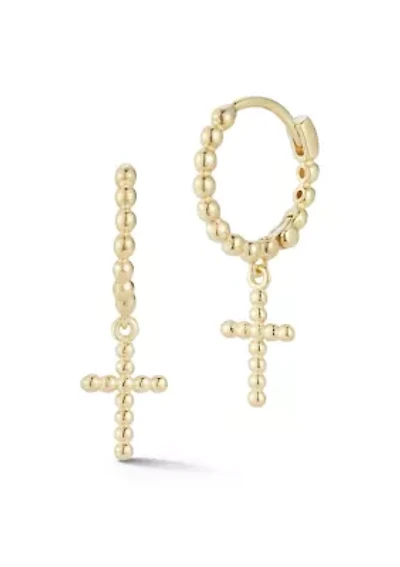 14K Gold Cross Charm Bubble Huggie Hoop Earrings