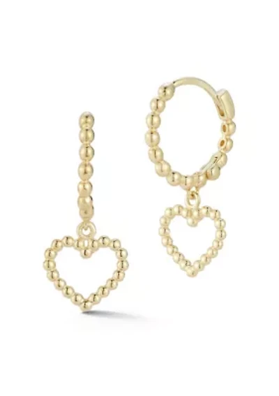 14K Gold Open Heart Charm Bubble Huggie Hoop Earrings