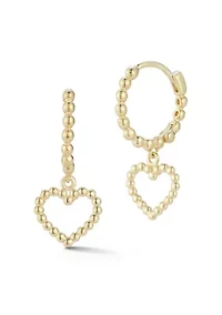 14K Gold Open Heart Charm Bubble Huggie Hoop Earrings