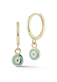 14K Gold Enamel Evil Eye Charm Huggie Hoop Earrings