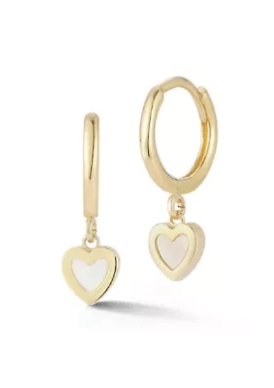14K Gold Mother of Pearl Heart Charm Mini Huggie Hoop Earrings