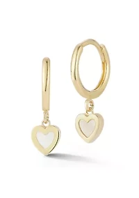14K Gold Mother of Pearl Heart Charm Mini Huggie Hoop Earrings