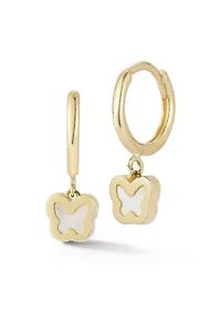 14K Gold Mother of Pearl Butterfly Charm Mini Huggie Hoop Earrings