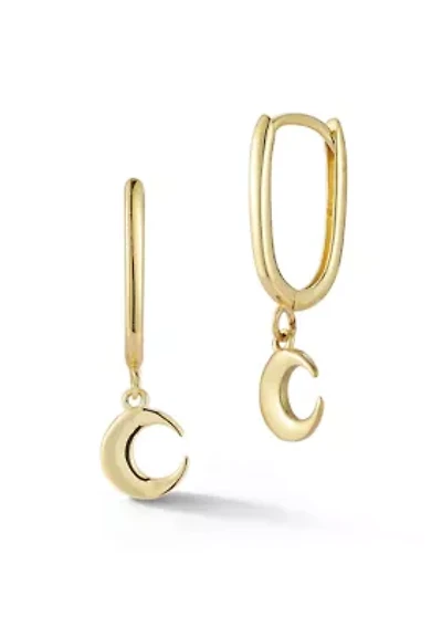 14K Gold Moon Charm Oval Hoop Earrings