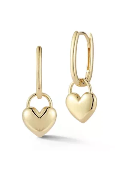 14K Gold Heart Charm Oval Hoop Earrings
