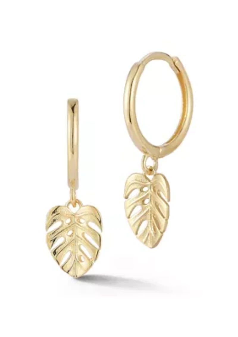 14K Gold Leaf Charm Huggie Hoop Earrings