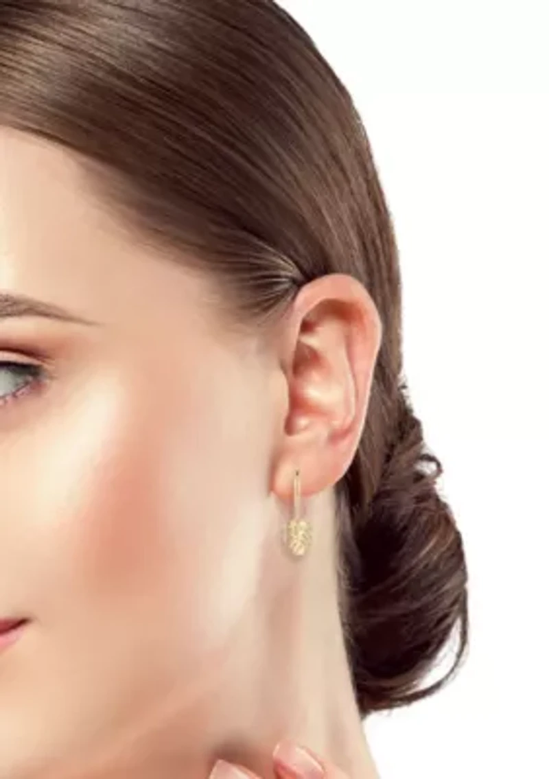 14K Gold Leaf Charm Huggie Hoop Earrings