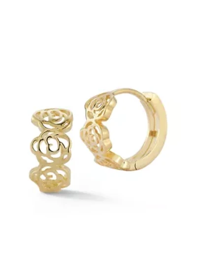 14K Gold Open Rose Huggie Hoop Earrings