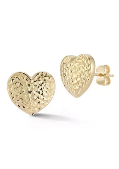14K Gold Hammered Heart Stud Earrings
