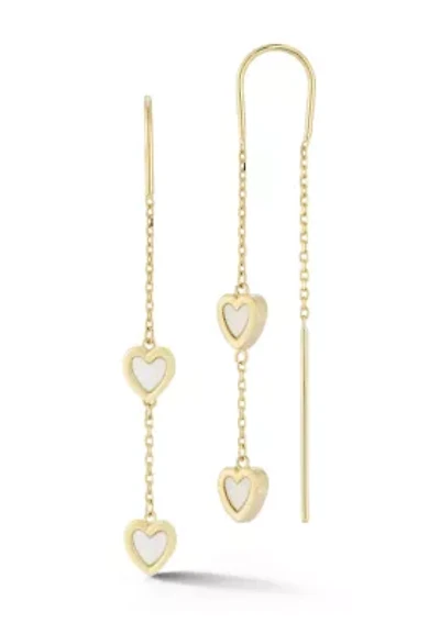 14K Gold Mother of Pearl Double Heart Threader Earrings