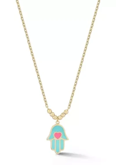 14K Gold Enamel Heart Hamsa Pendant Necklace