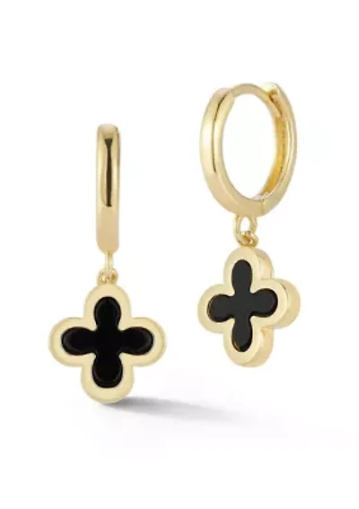 14K Gold Black Onyx Clover Charm Huggie Hoop Earrings