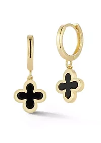 14K Gold Black Onyx Clover Charm Huggie Hoop Earrings