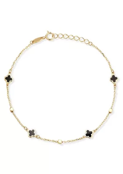 14K Gold Black Enamel Dainty Clover Bracelet