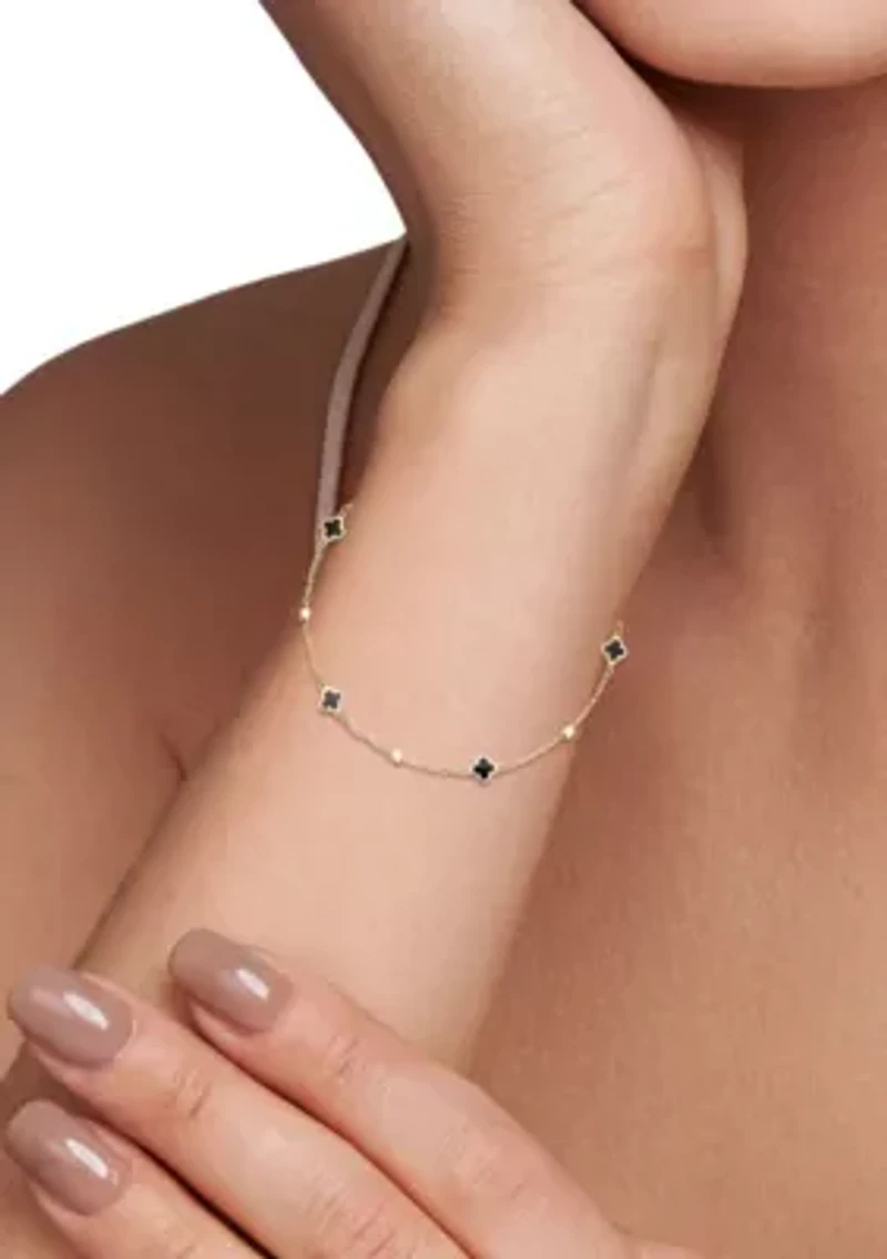 14K Gold Black Enamel Dainty Clover Bracelet
