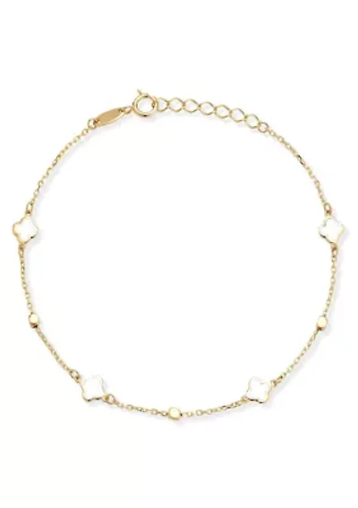 14K Gold White Enamel Dainty Clover Bracelet