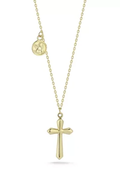 14K Gold Cross Pendant Necklace with Cherub Charm