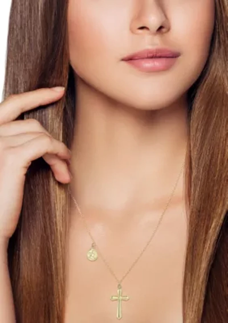14K Gold Cross Pendant Necklace with Cherub Charm