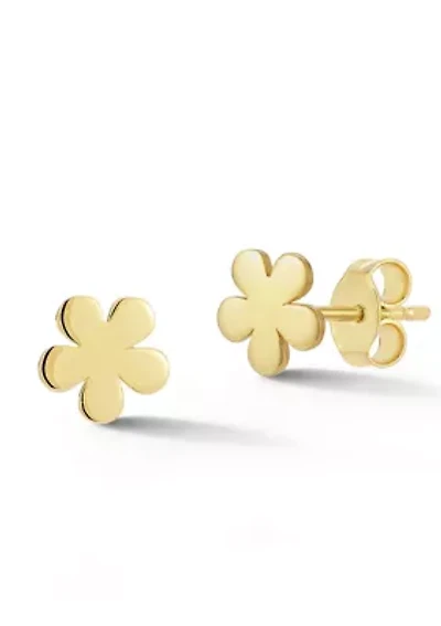 14K Gold Puffed Flat Flower Stud Earrings, Made in Italy