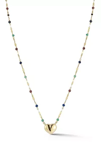 14K Gold Heart Pendant Gemstone Beaded Necklace, Made in Italy