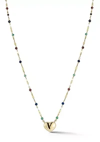 14K Gold Heart Pendant Gemstone Beaded Necklace, Made in Italy