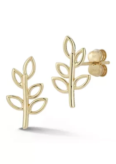 14K Gold Open Leaf Stud Earrings