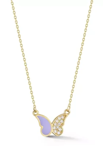 14K Gold Diamond and Enamel Butterfly Pendant Necklace