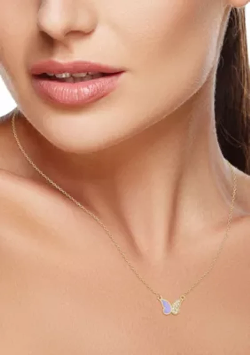 14K Gold Diamond and Enamel Butterfly Pendant Necklace