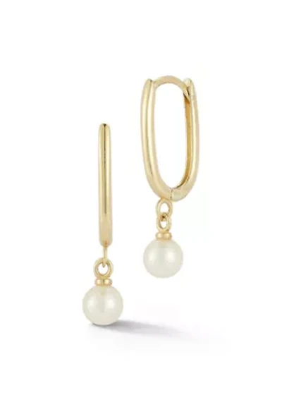 14K Gold Pearl Charm Oval Hoop Earrings