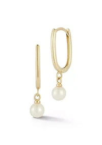 14K Gold Pearl Charm Oval Hoop Earrings