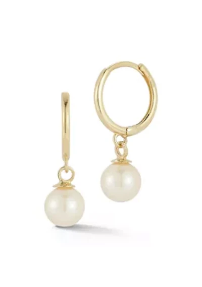 14K Gold 6mm Pearl Charm Huggie Hoop Earrings
