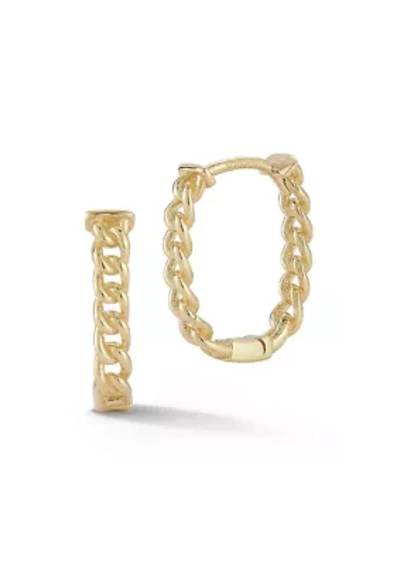 14K Gold Curb Chain Oval Huggie Hoop Earrings