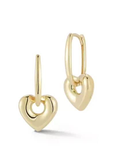 14K Gold Puffed Heart Charm Hoop Earrings