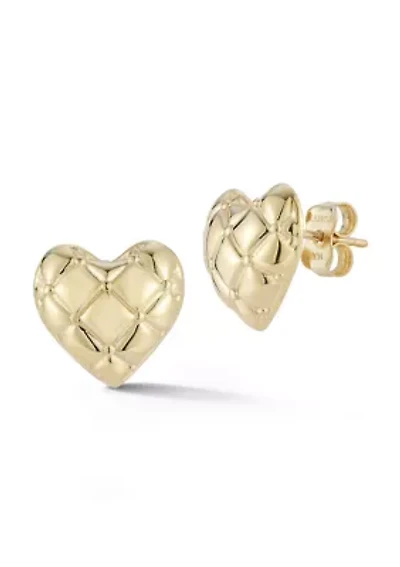 14K Gold Quilted Heart Stud Earrings