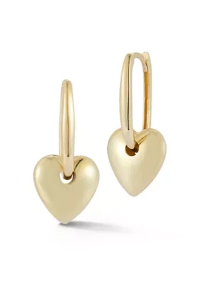 14K Gold Puffed Heart Charm Oval Hoop Earrings