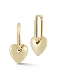14K Gold Puffed Heart Charm Oval Hoop Earrings