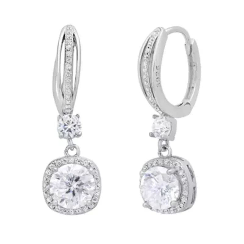 Lab Created Sterling Silver Moissanite Halo Drop Huggie Earrings 2 CTTW