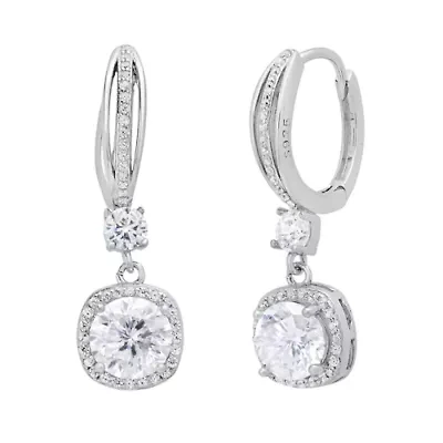 Lab Created Sterling Silver Moissanite Halo Drop Huggie Earrings 2 CTTW