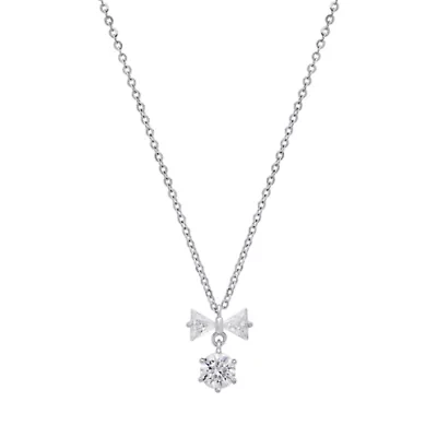 Lab Created Sterling Silver Moissanite Diamond Bow and Round Drop Necklace 0.5 CTTW