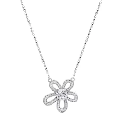 Lab Created Sterling Silver Moissanite Diamond Flower Necklace 1 CTTW